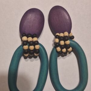 Teal and Purple Wood Bead Drop Earrings